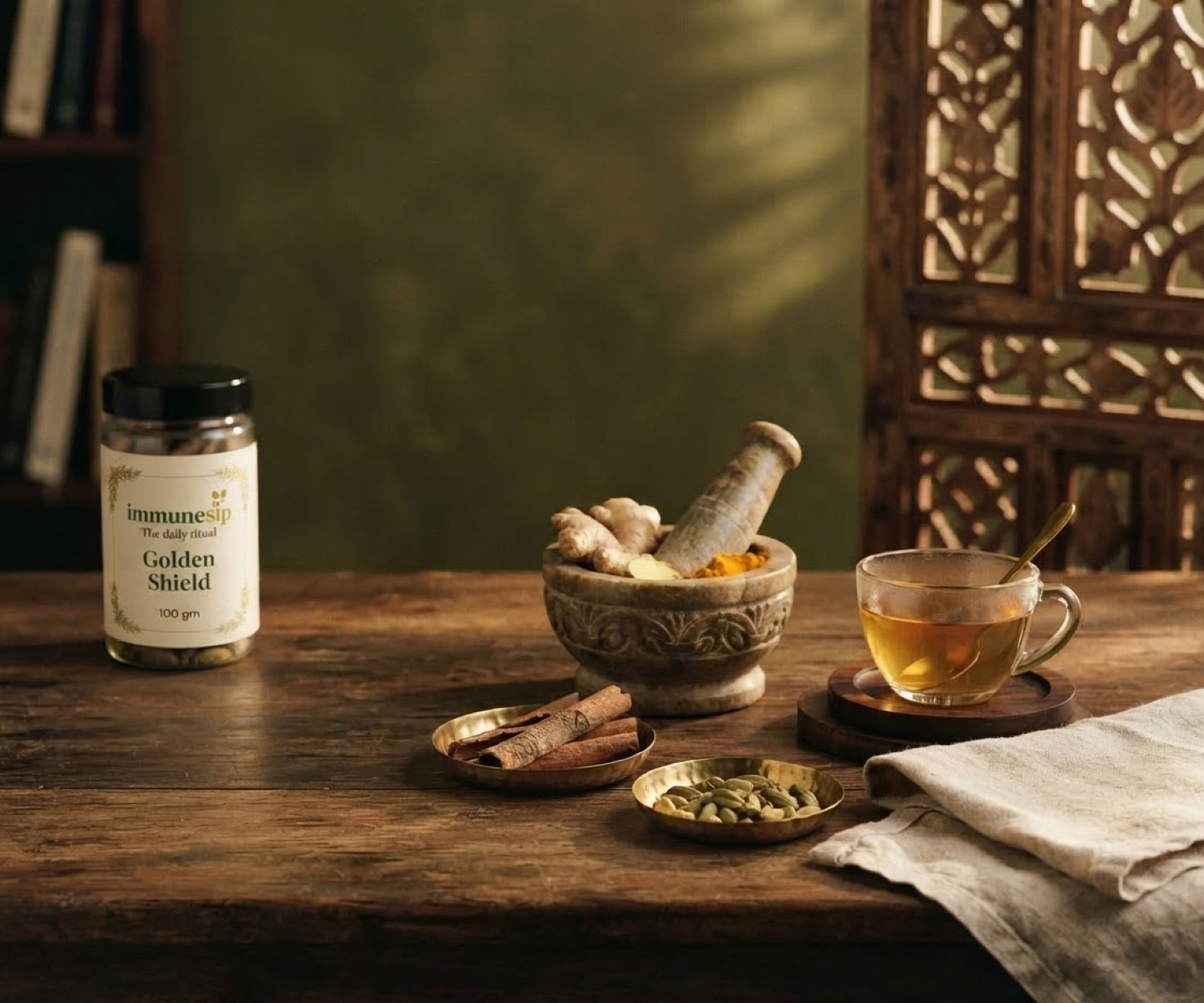 A jar of Golden Shield on an apothecary table with warm spices
