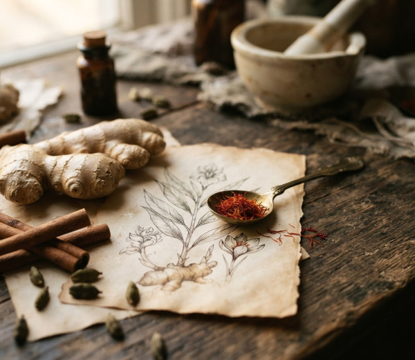 Whole spices and dried botanicals laid out on paper