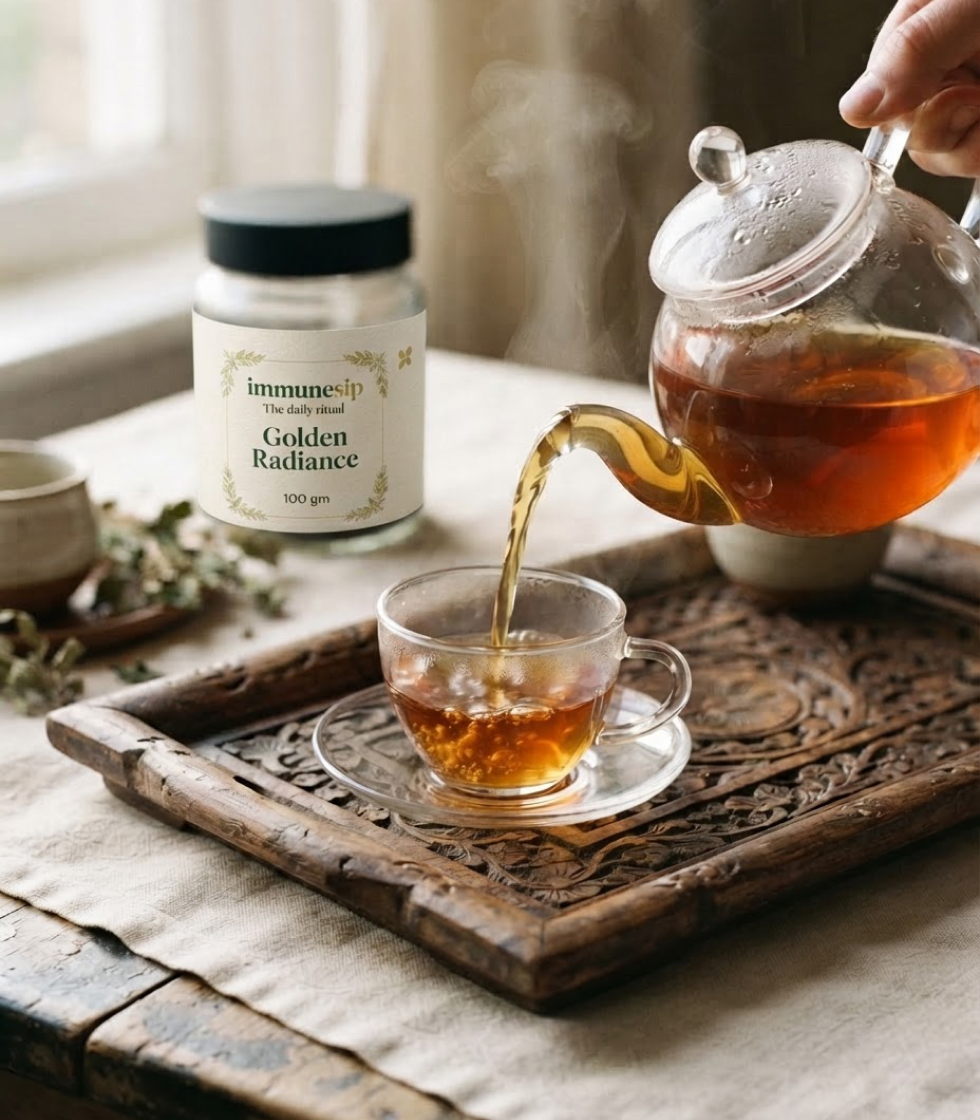 Tea being poured into a glass cup beside a jar