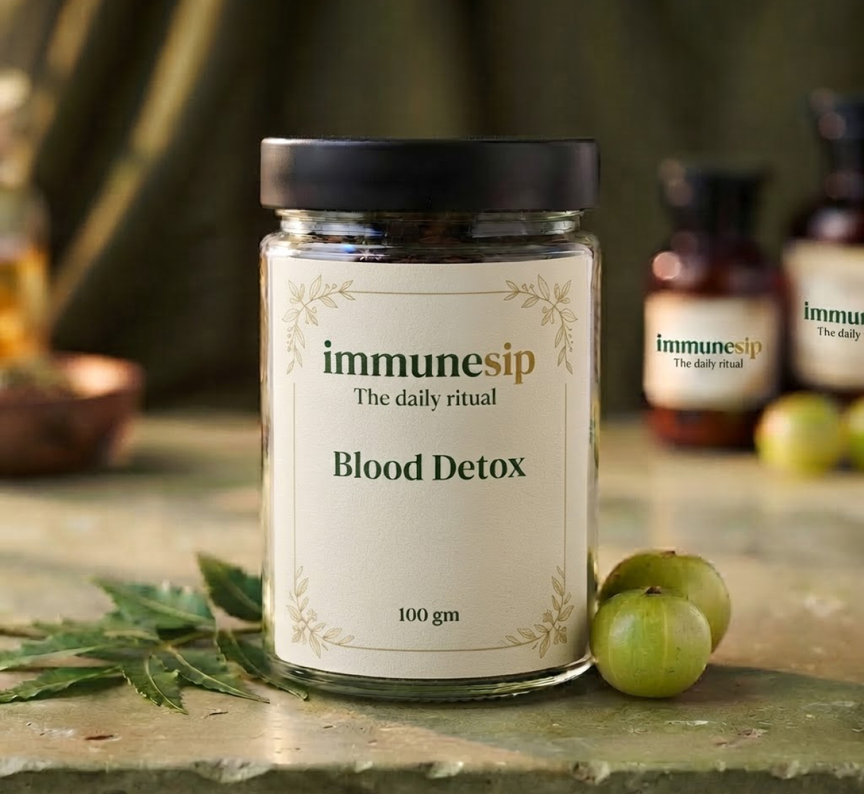 Blood Detox in a clear glass jar with a black cap