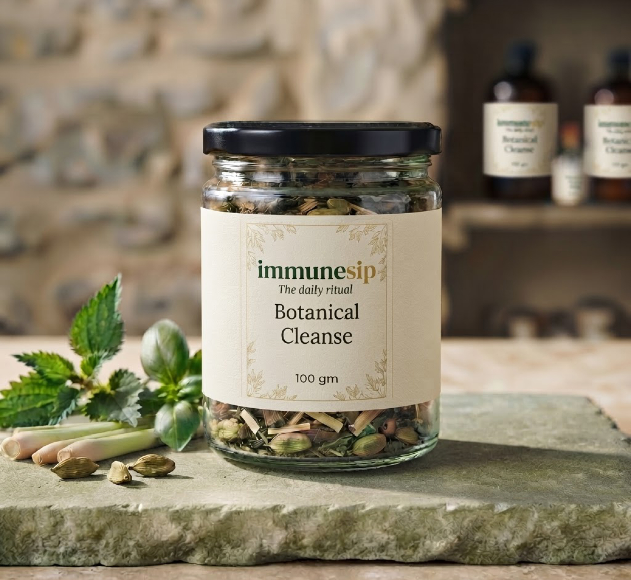 Botanical Cleanse in a clear glass jar with a black cap