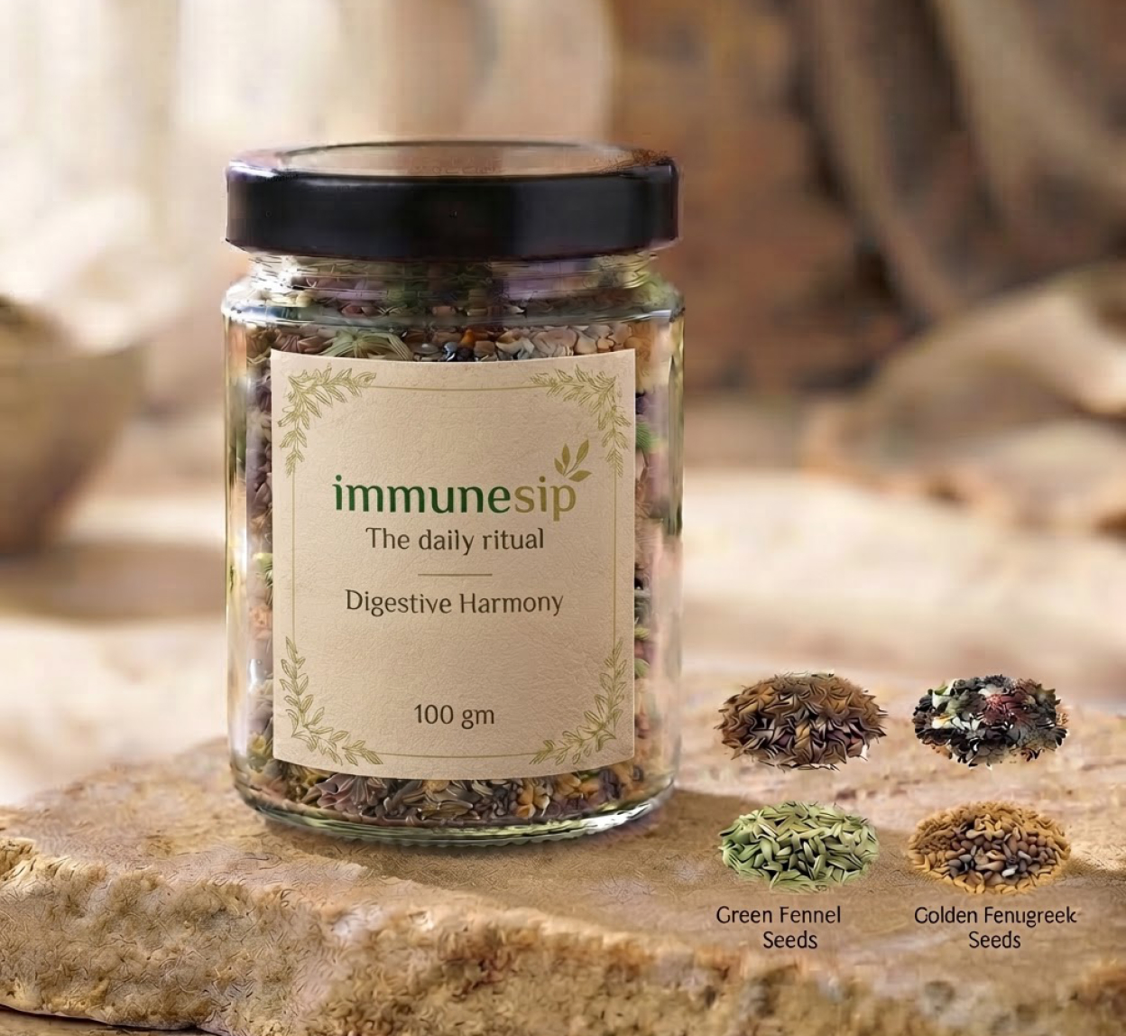Digestive Harmony in a clear glass jar with a black cap