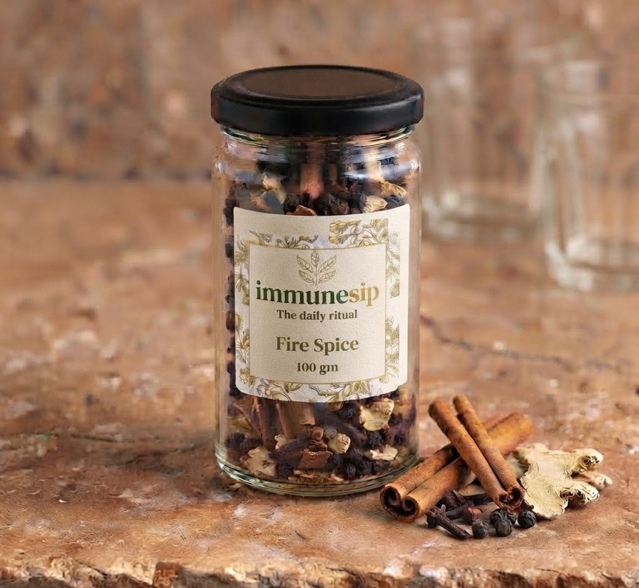 Fire Spice in a clear glass jar with a black cap