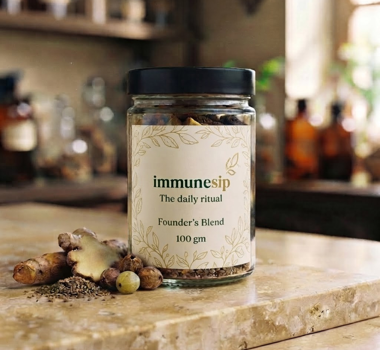 Founder's Blend in a clear glass jar with a black cap