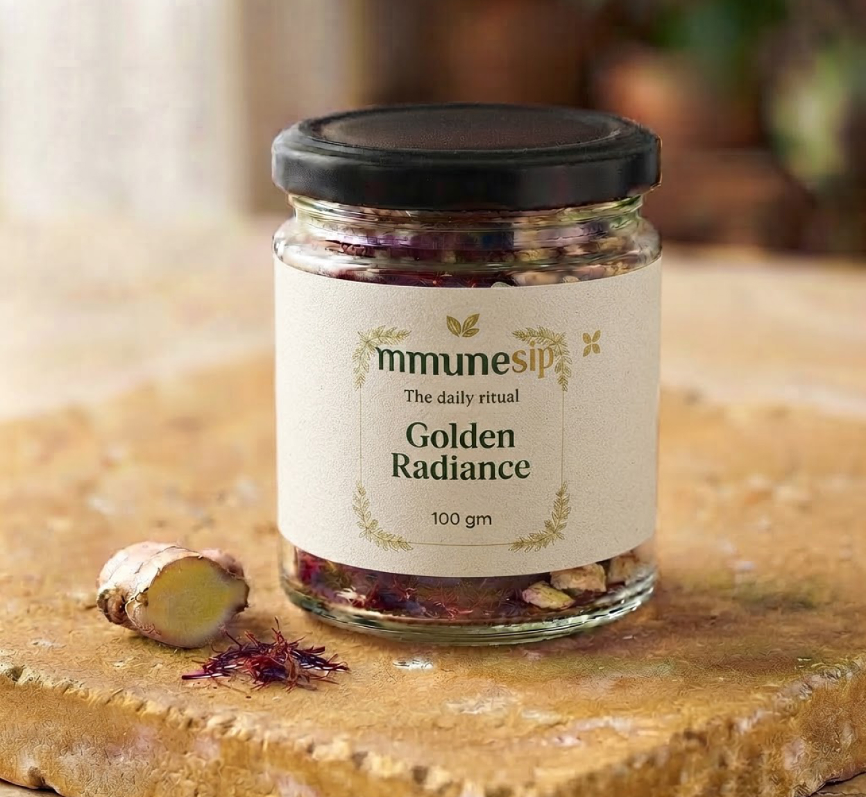 Golden Radiance in a clear glass jar with a black cap