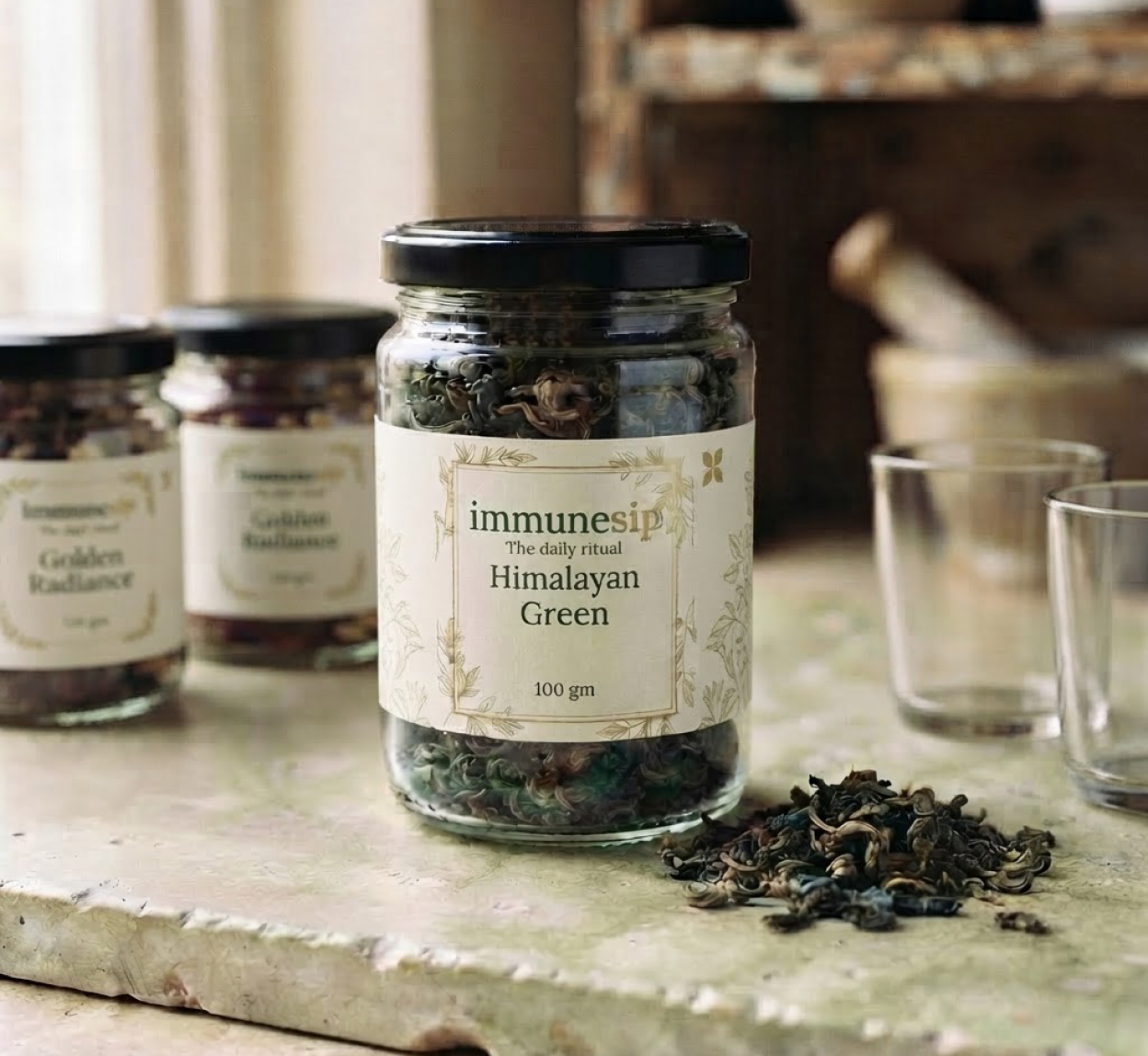 Himalayan Green in a clear glass jar with a black cap