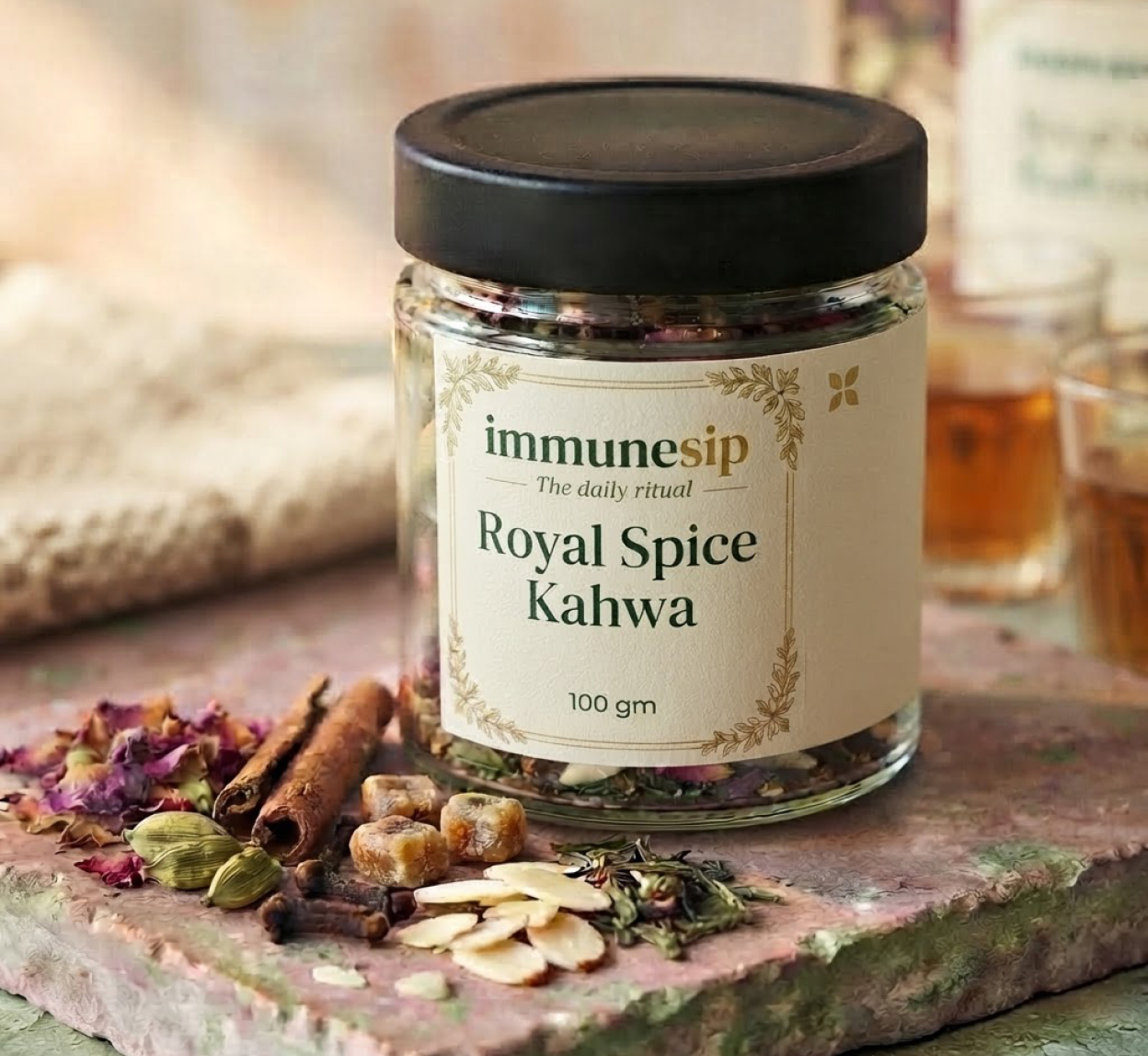 Royal Spice Kahwa in a clear glass jar with a black cap
