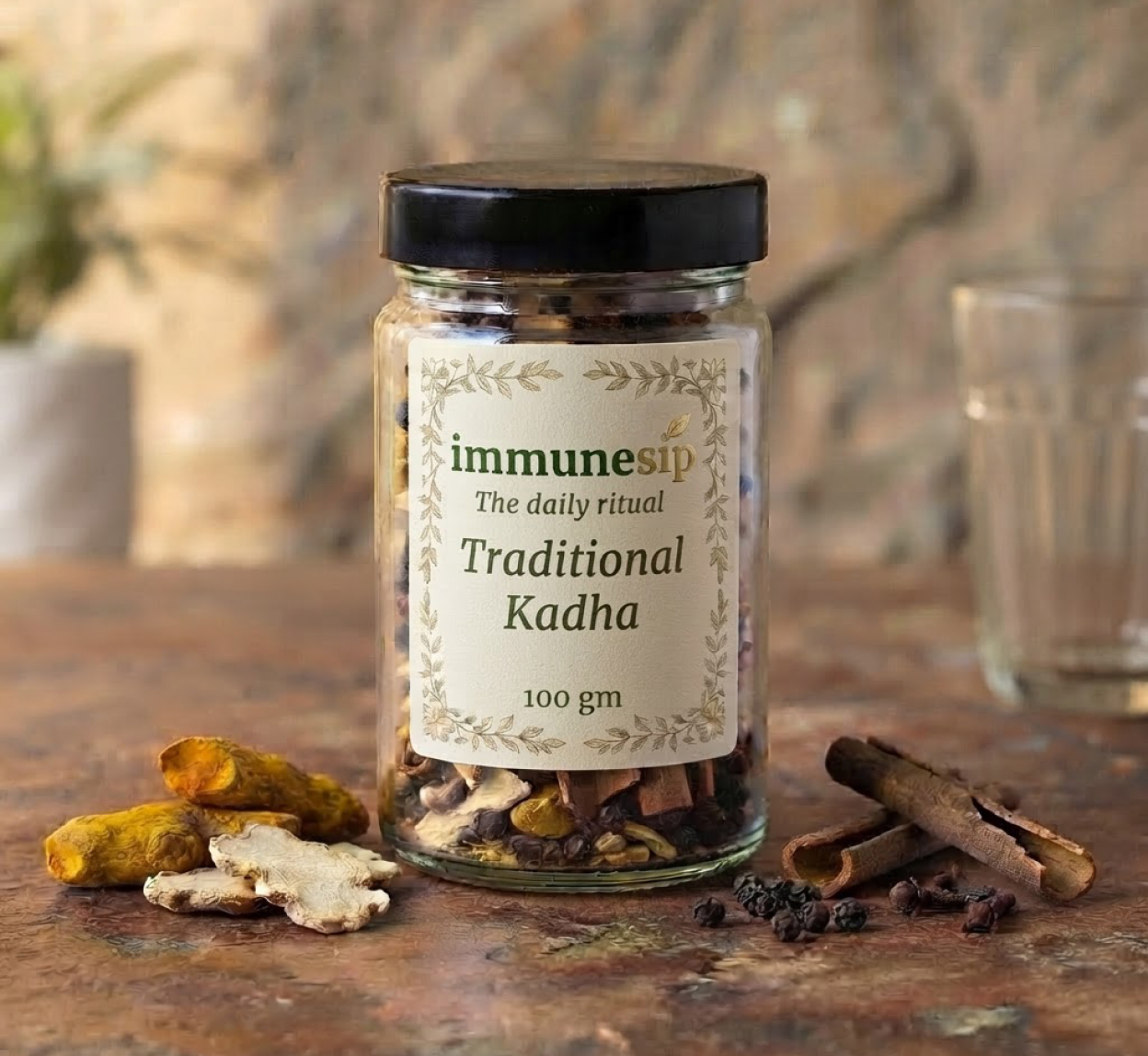 Traditional Kadha in a clear glass jar with a black cap
